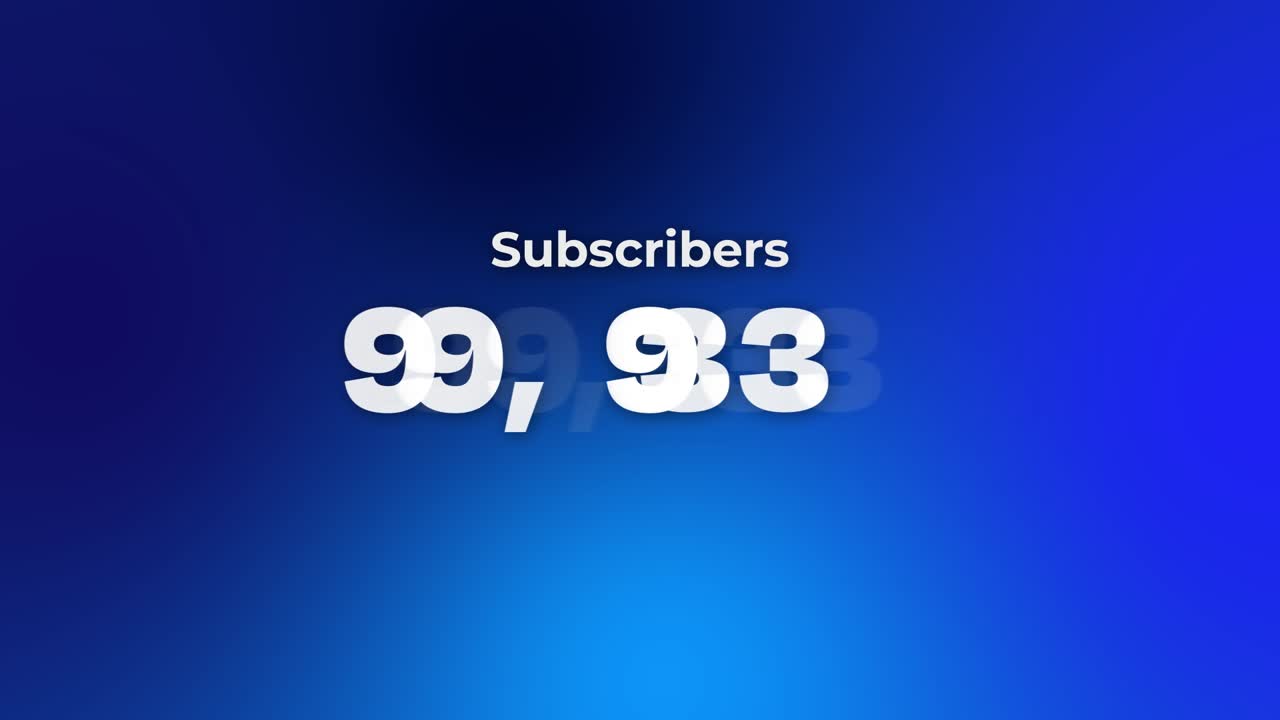 Conteggio rapido degli iscritti a YouTube fino a centomila su sfondo gradiente blu pulito e moderno, contatore di iscritti in rapido aumento da 0 a 1 milione