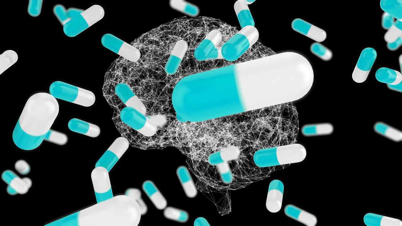 여러 개의 알약이 인간의 뇌에 떨어지고 검은 바탕에 회전합니다.