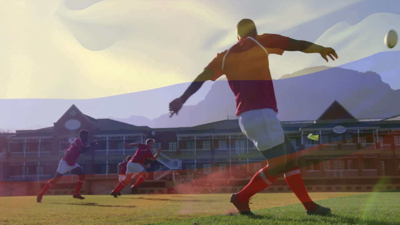 Animation of flag of colombia over diverse male rugby players