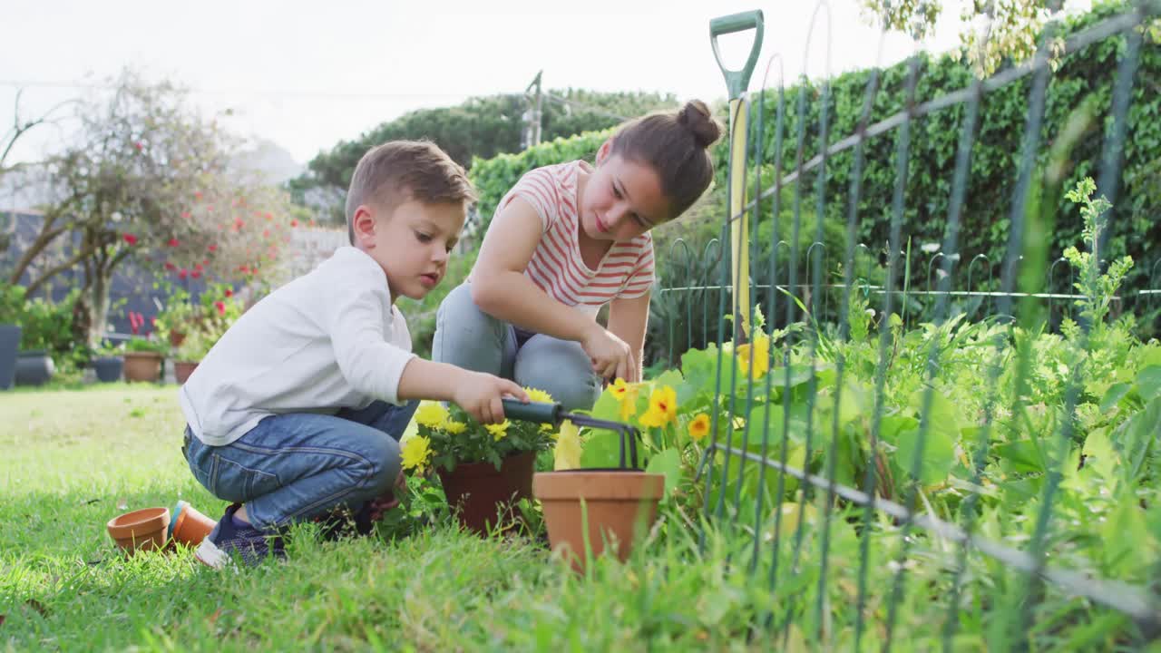 hermanos caucásicos felices haciendo jardinería, plantando flores juntos