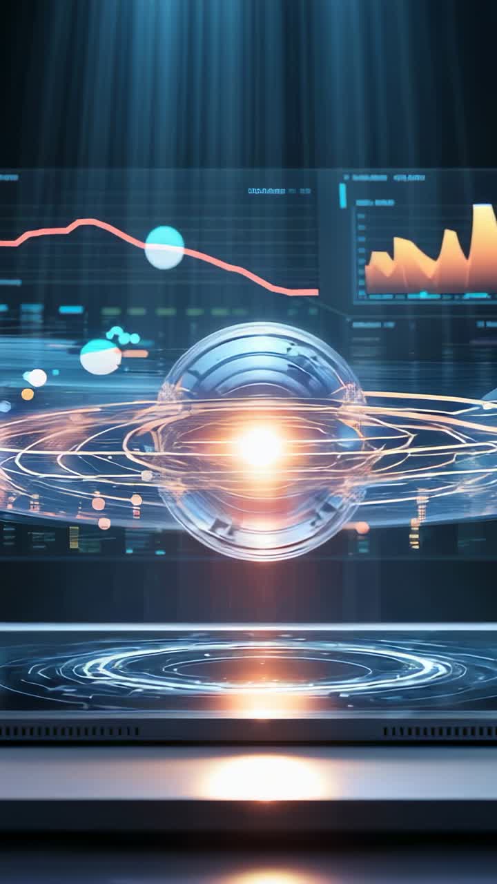 Vertical video: Emerging digital orb pulsing in console space and rotating rings visualizing data