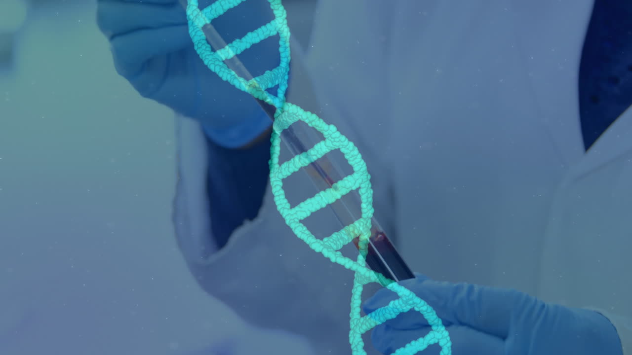 DNA animation over man carrying out experiments in vials.