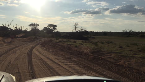 kgalagadi transfrontier 공원에서 kalahari의 모래 도로를 따라 비와 홍수의 사파리 차량 내부에서 보기