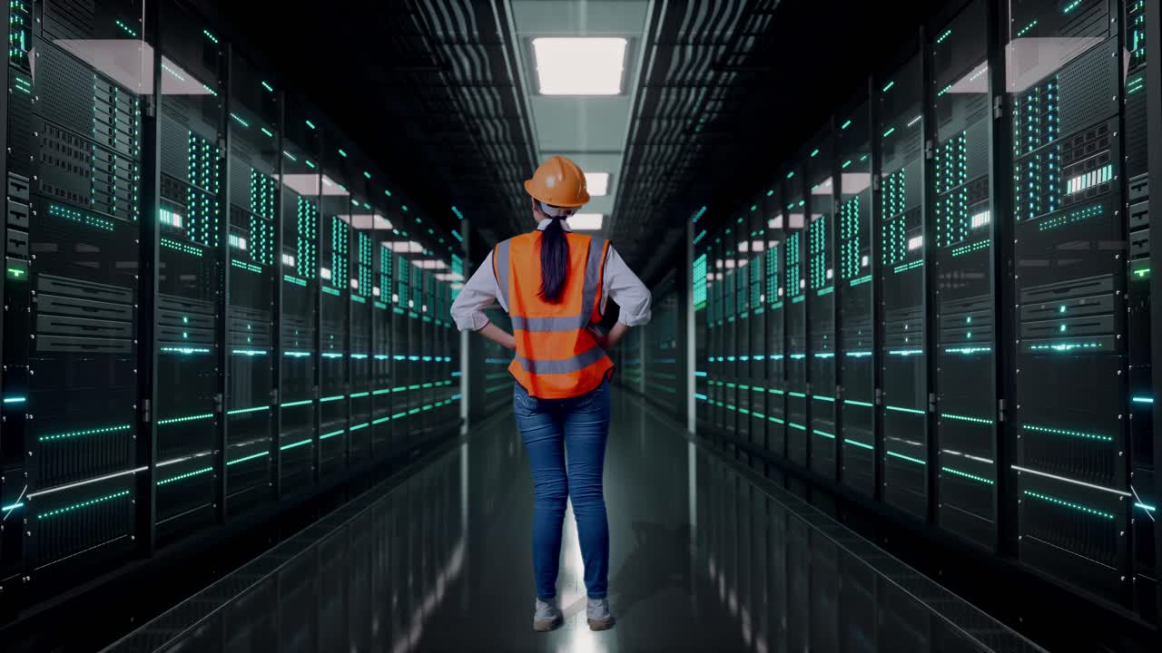 Full Body Back View Of A Female Engineer Wearing Safety Helmet Looking Around While Standing With Arms Akimbo in Server Room Data Center