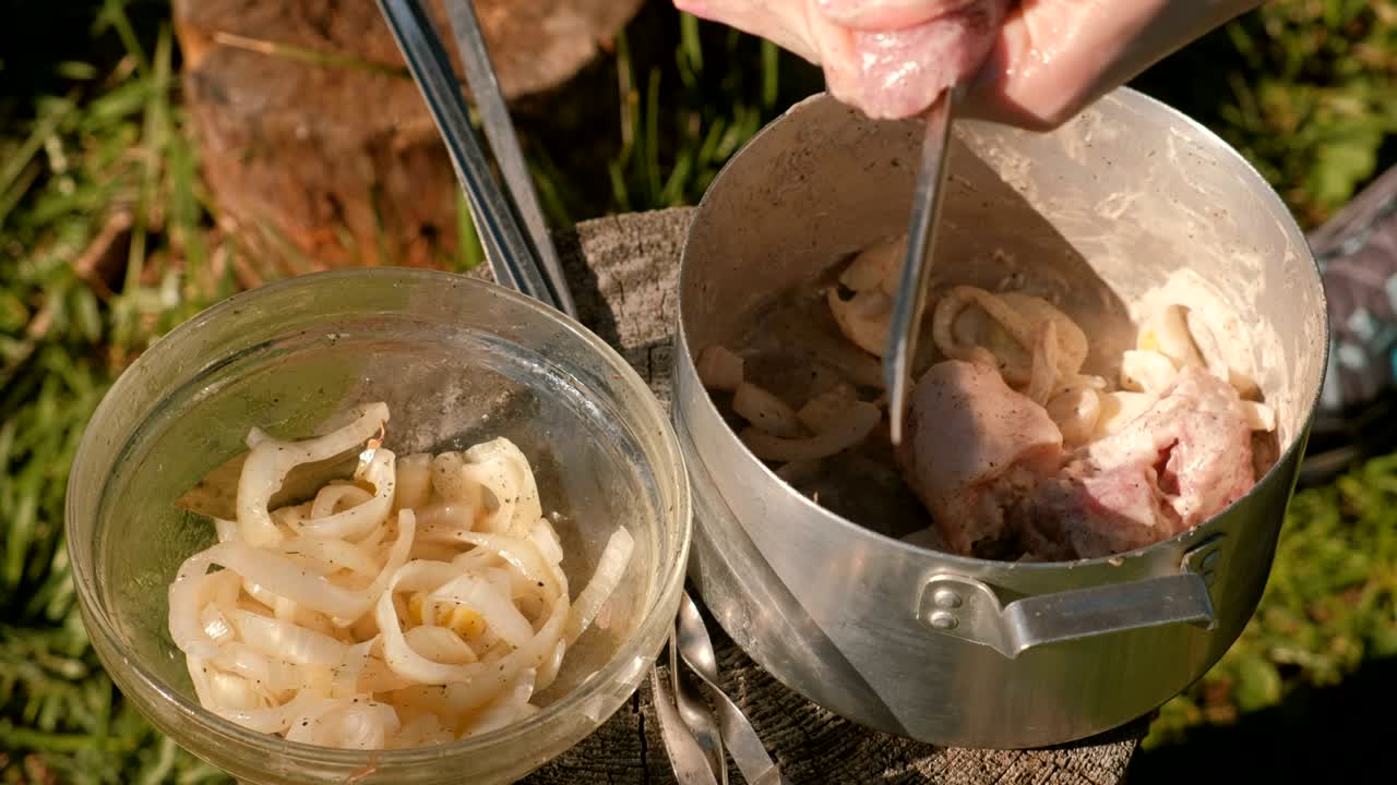 젊은 여자가 고기를 스피어에 넣고 돼지고기의 샤슬릭을 요리합니다.