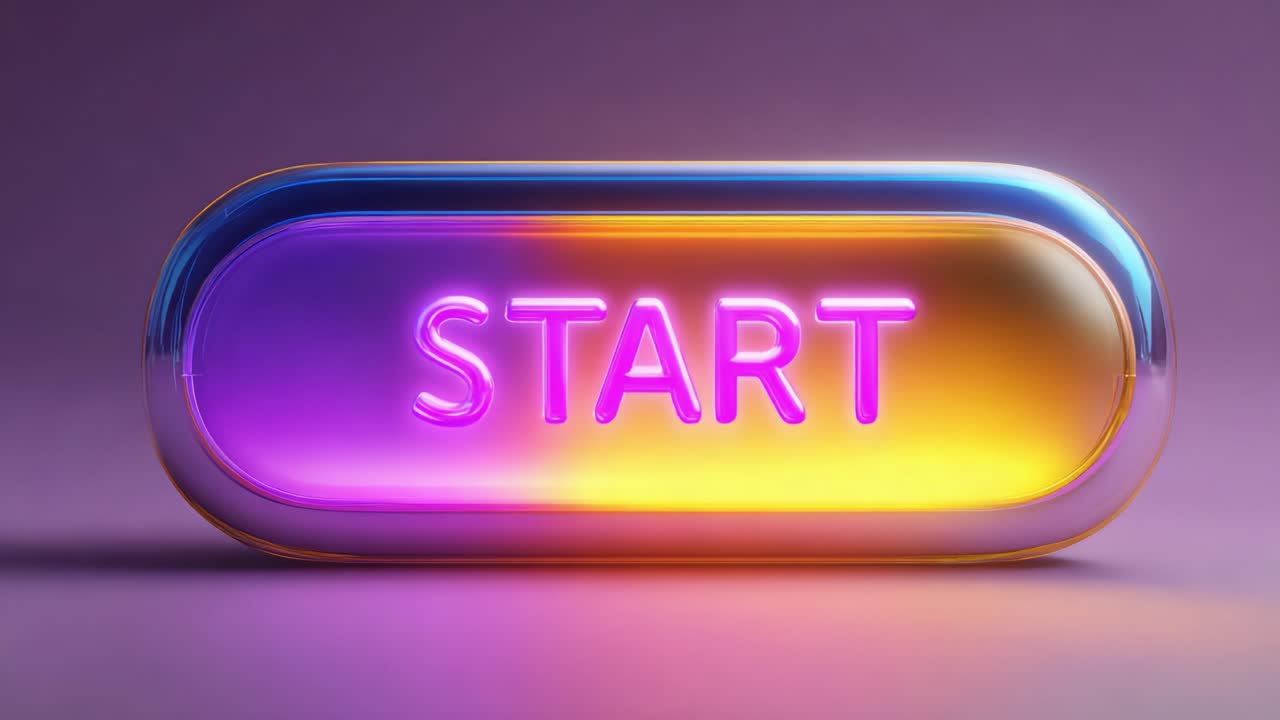 A vibrant, illuminated button featuring the word 'START' in bold, colorful neon styles, set against a stylish, modern gradient background, conveying a sense of initiation and creativity