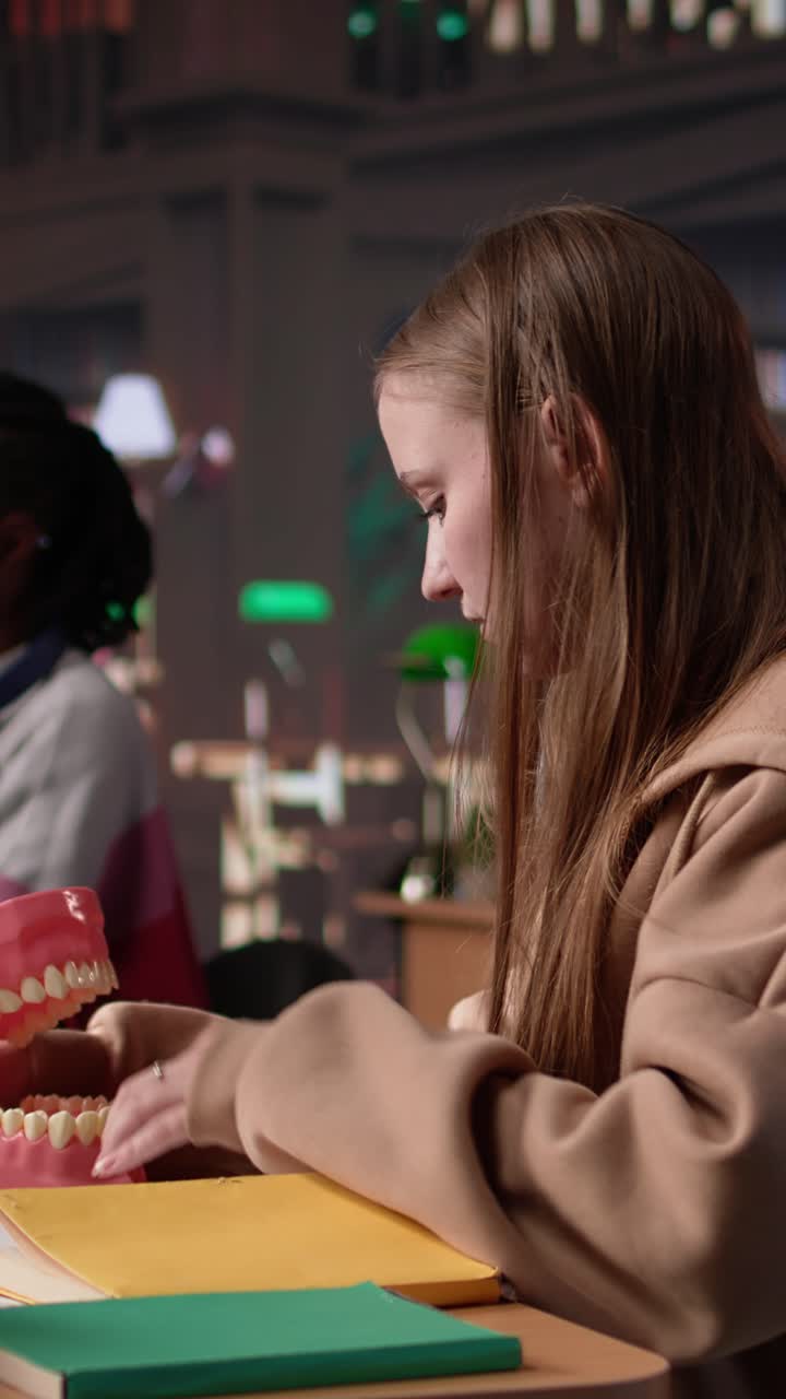 Vertical video african american future dentist examines a plastic model of human teeth