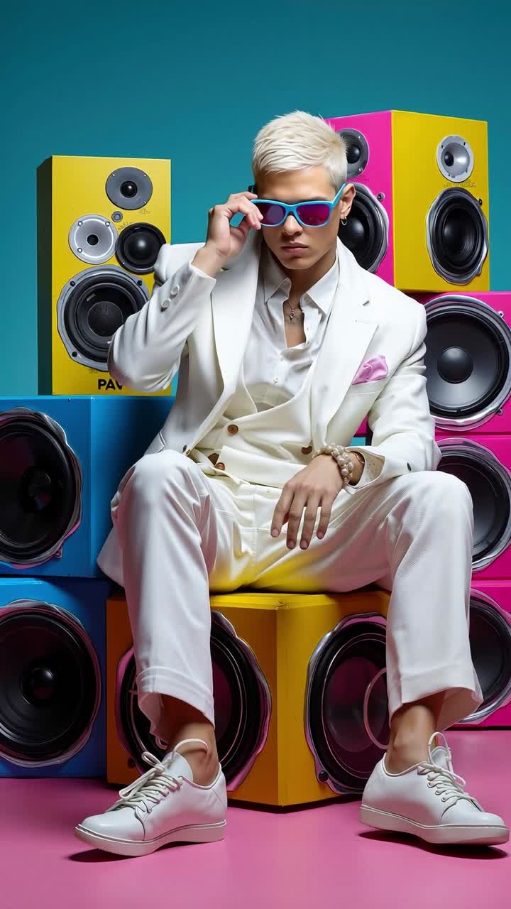 A man in a white suit and sunglasses sitting on a stack of speakers