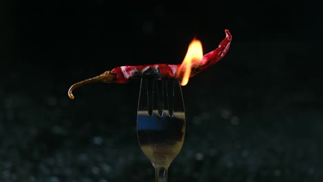 Flaming-red-Indian-spicy-chili-burning-on-silver-fork-isolated-against-black-background