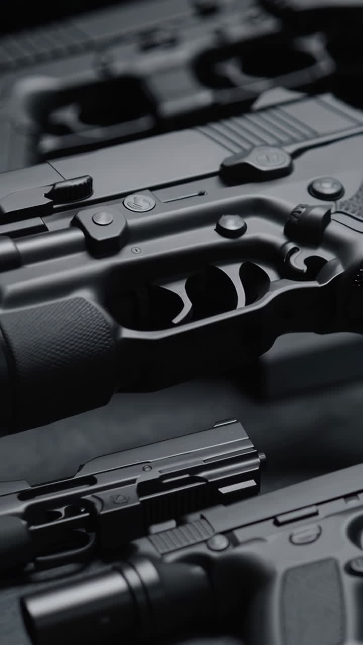 Close-up view of various firearms