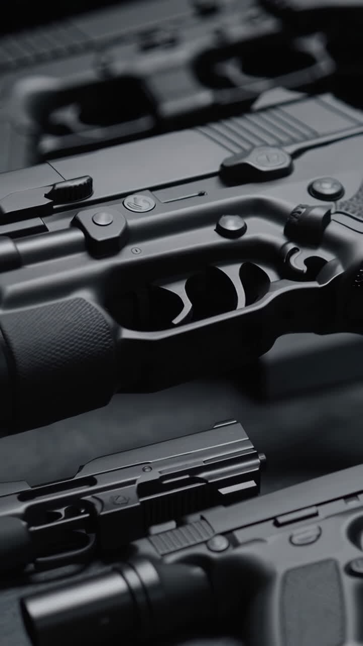Close-up view of various firearms