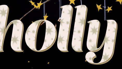 animation of holly text over falling stars and christmas decorations