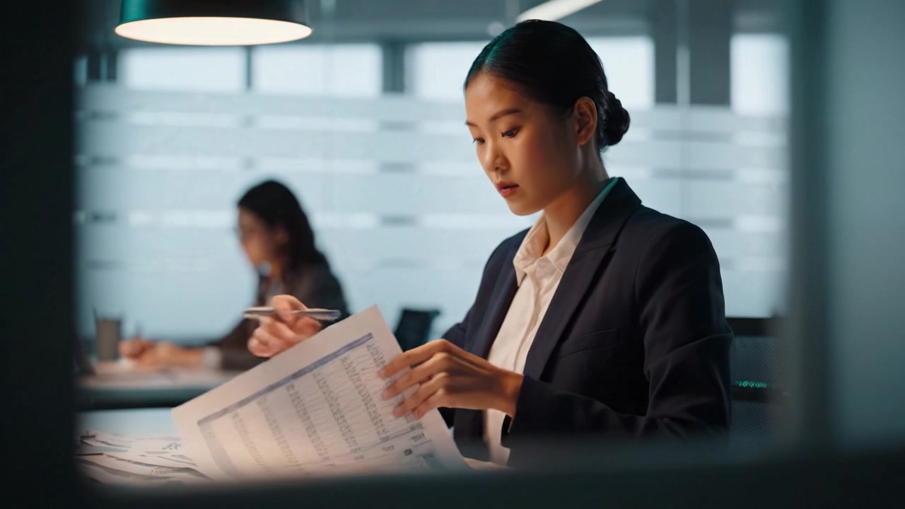 Femme professionnelle concentrée travaillant assidûment à son bureau dans un cadre de bureau moderne, démontrant sa concentration et son engagement envers ses tâches.