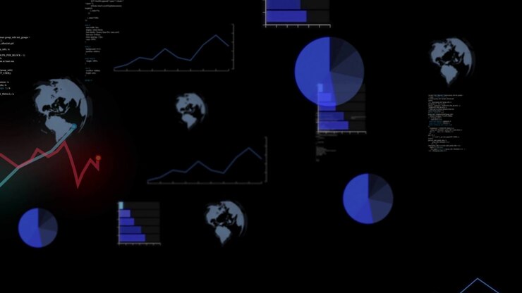 På lerret lastes sirkeldiagrammer, linjediagrammer og glødende trendlinje som glir, vokser og avslører data