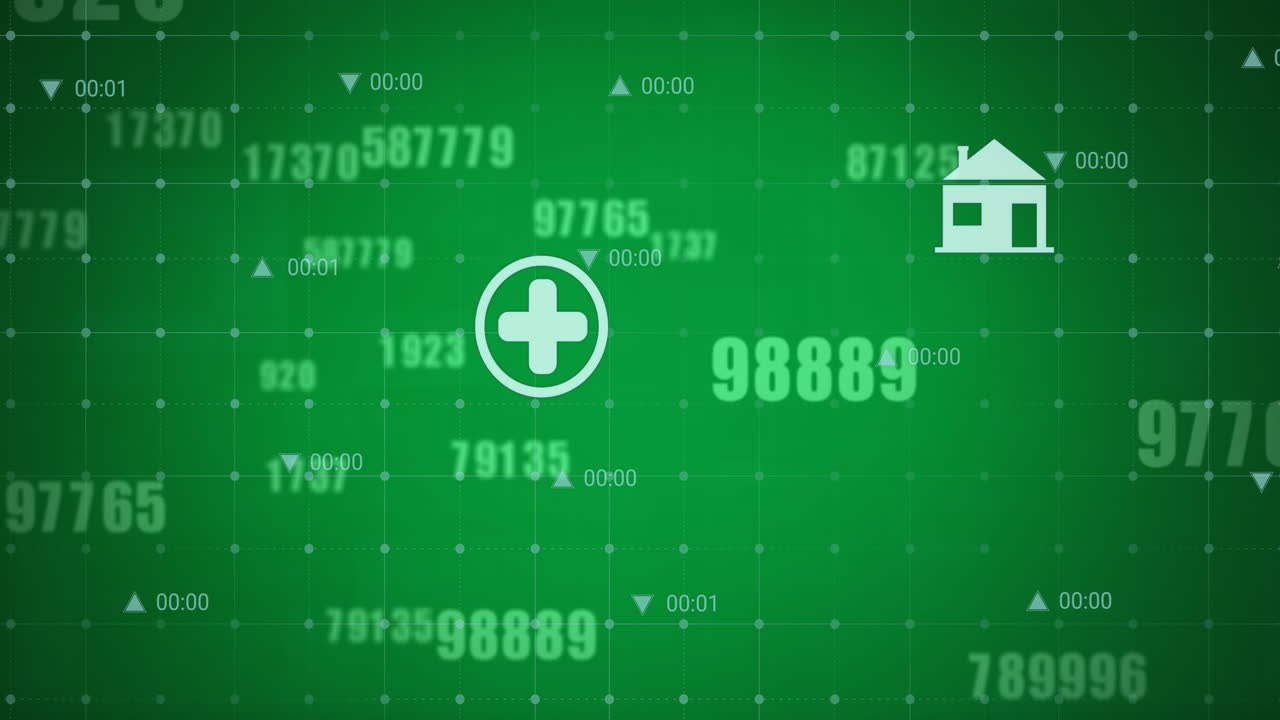 Digital animation of multiple changing numbers and digital icons against grey background