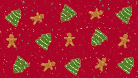Animation-of-snow-falling-over-pattern-with-ginger-men-and-christmas-trees-on-red-background