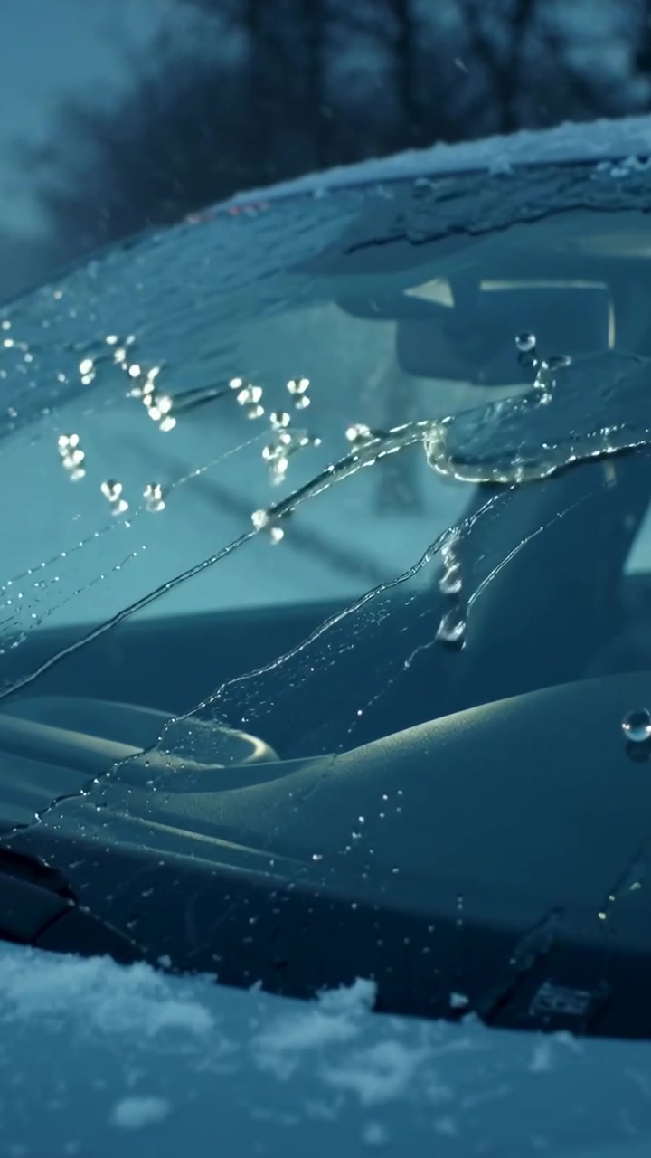 Video verticale: Sole che riscalda il ghiaccio causando lo scioglimento del parabrezza, acqua che scorre verso il cofano, tergicristallo fermo a bordo strada.