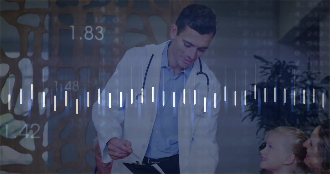 Medico che indica una cartella clinica, informando la famiglia con barre di dati sanitari animate e un grafico a linee.