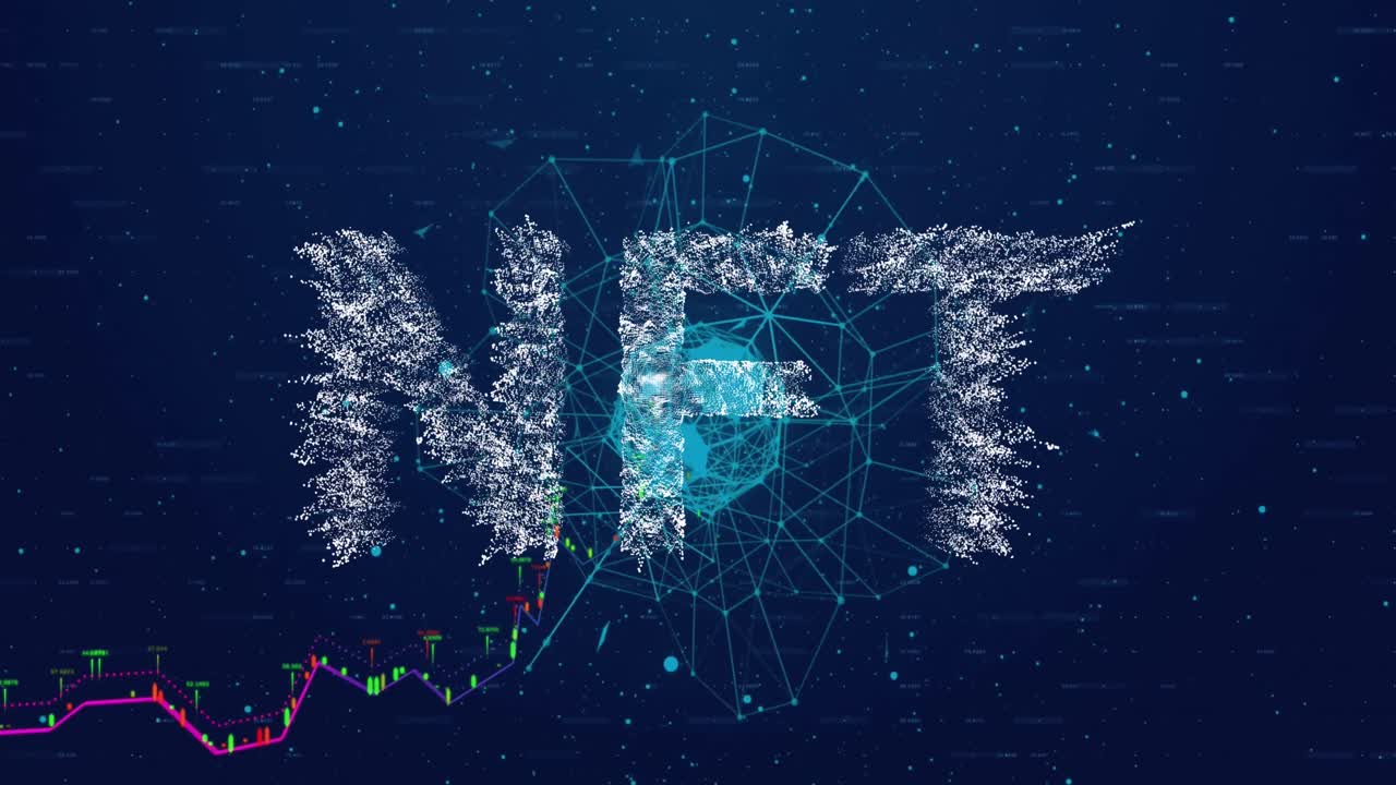 animación de la red de conexiones y texto nft sobre fondo azul