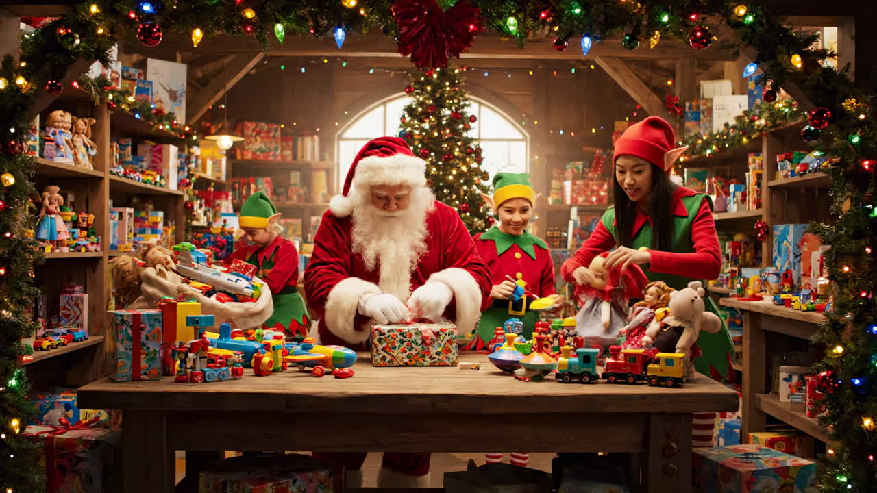 Santa and helpers make toys. Santa and two joyful helpers organize ...