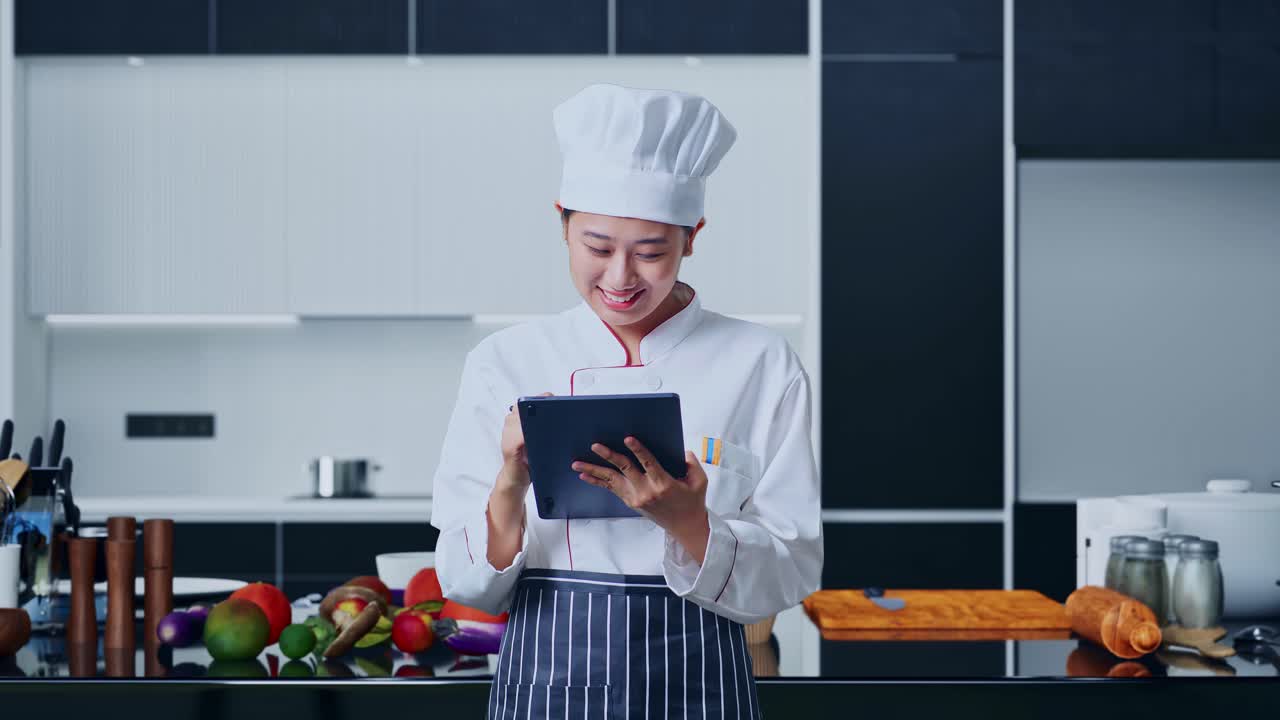 mujer chef asiática tomando nota en una tableta en la cocina de casa
