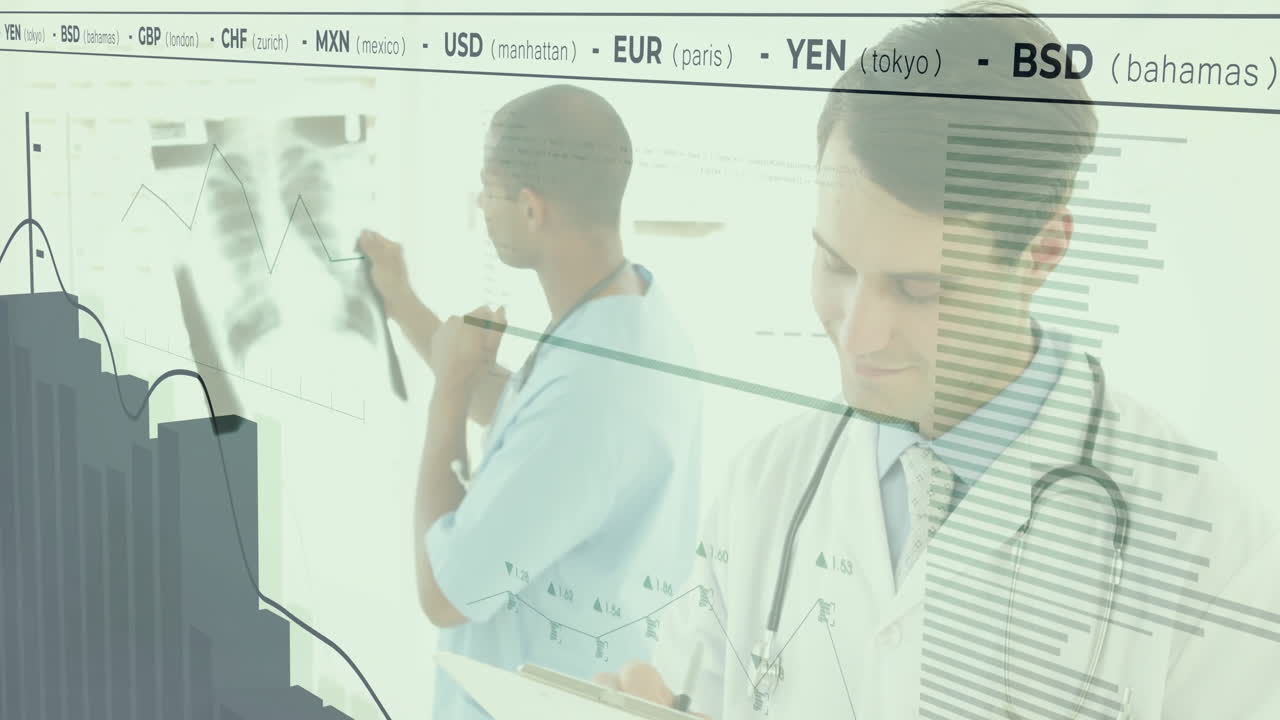 Health professionals reviewing chest X-ray and writing notes while financial charts overlaying