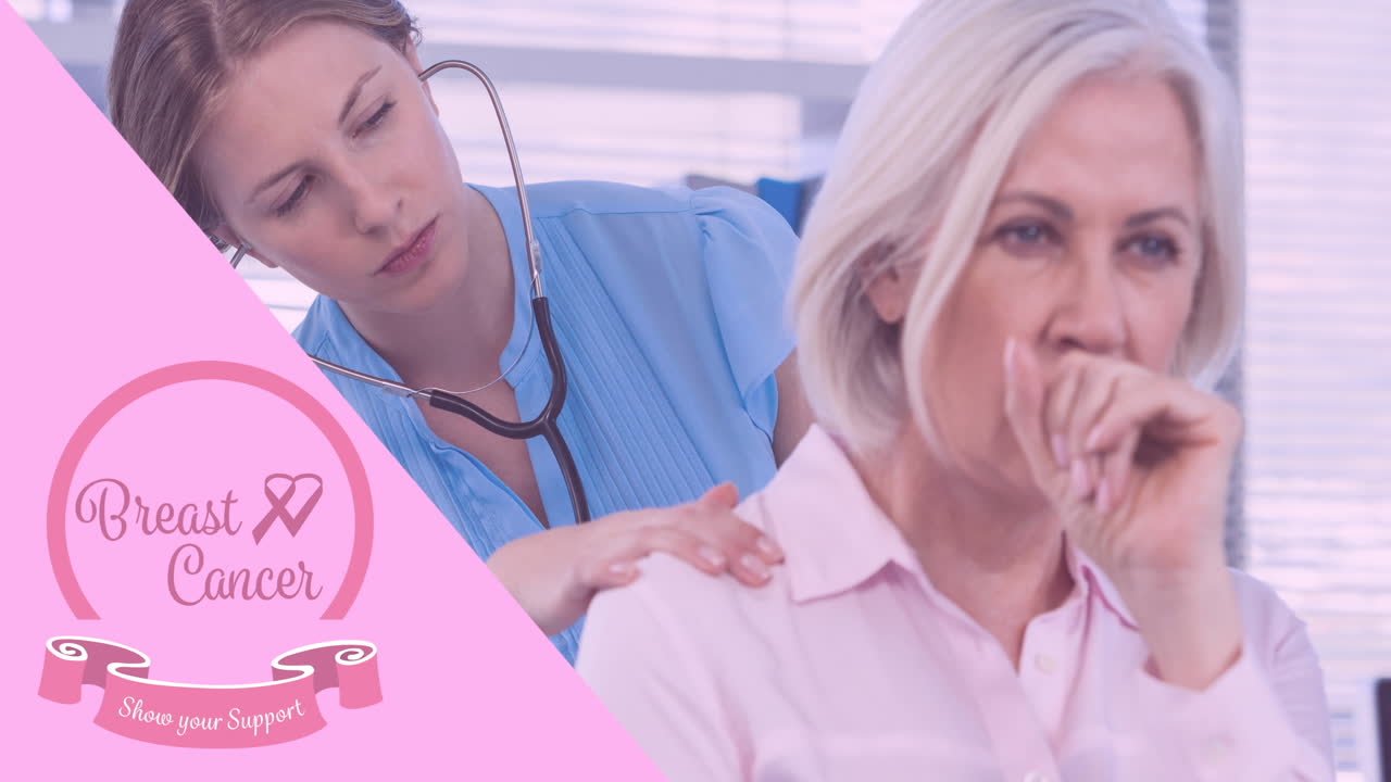 여성 의사와 환자 위에 유방암 텍스트가 있는 분홍색 리본 로고의 애니메이션