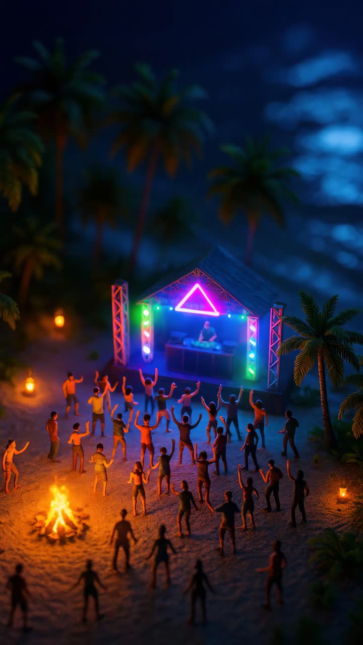 Aerial view of a beach party with tiny figures dancing near a bonfire and stage, colorful lights