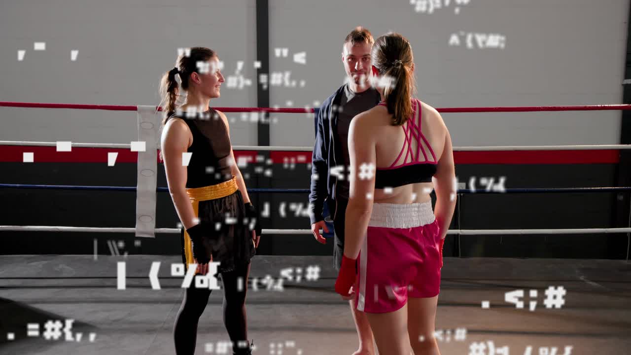 Coach speaking as fighters listening, exchanging glove tap, boxing briefing, glitch overlay showing