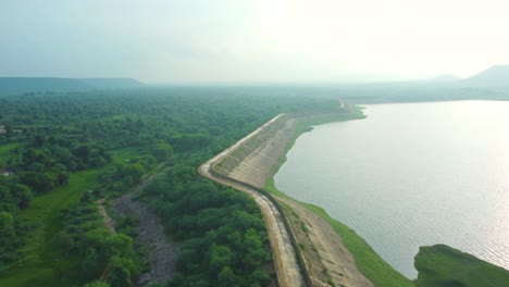 aerial drone shot of a dam or reservoir at pagara dam , morena