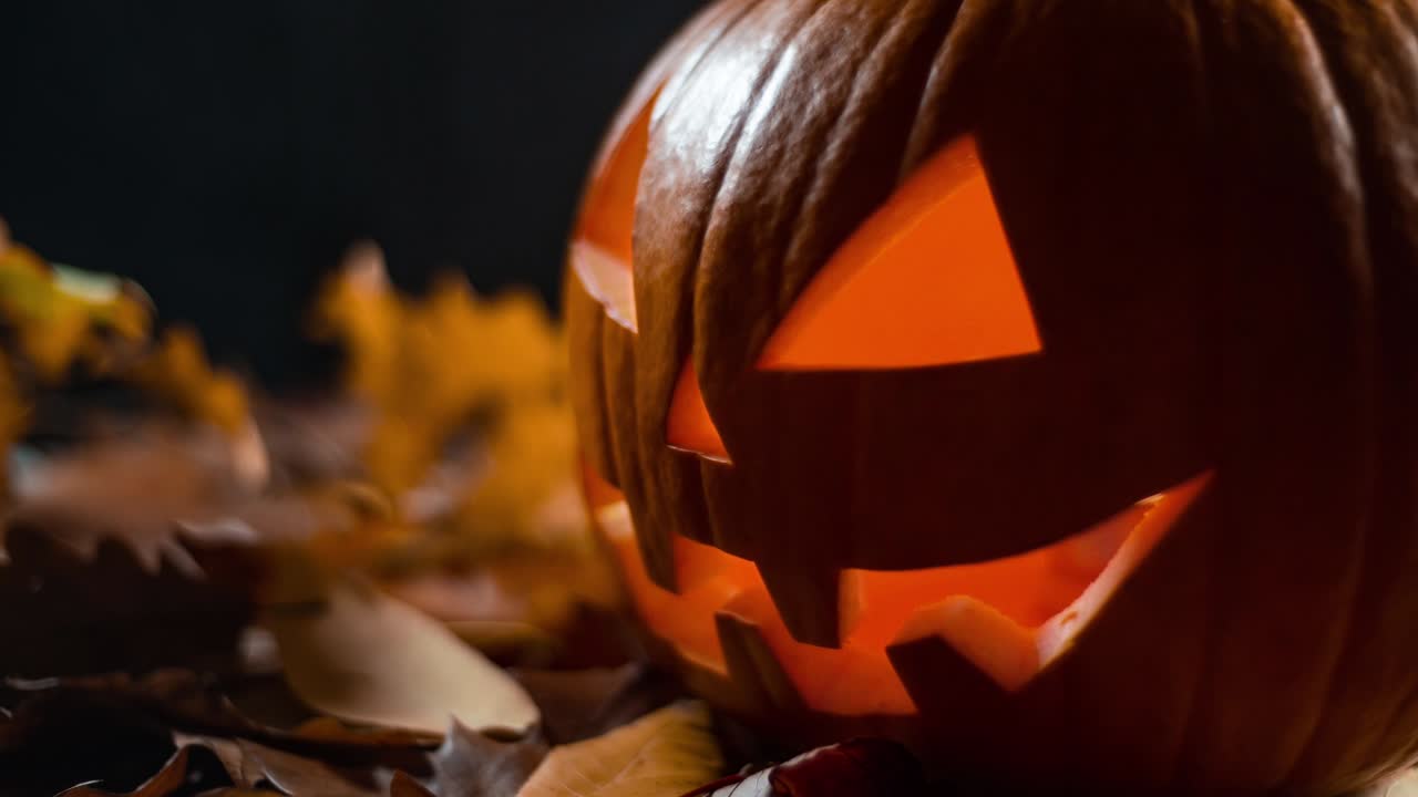 halloween tallando calabaza en una hoja. linterna brillante. cinemagraph en bucle. imagen fija, luz en movimiento