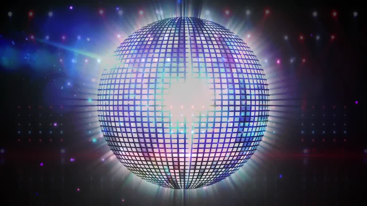 animación de manchas de luz sobre una bola de discoteca brillante giratoria contra un fondo azul.