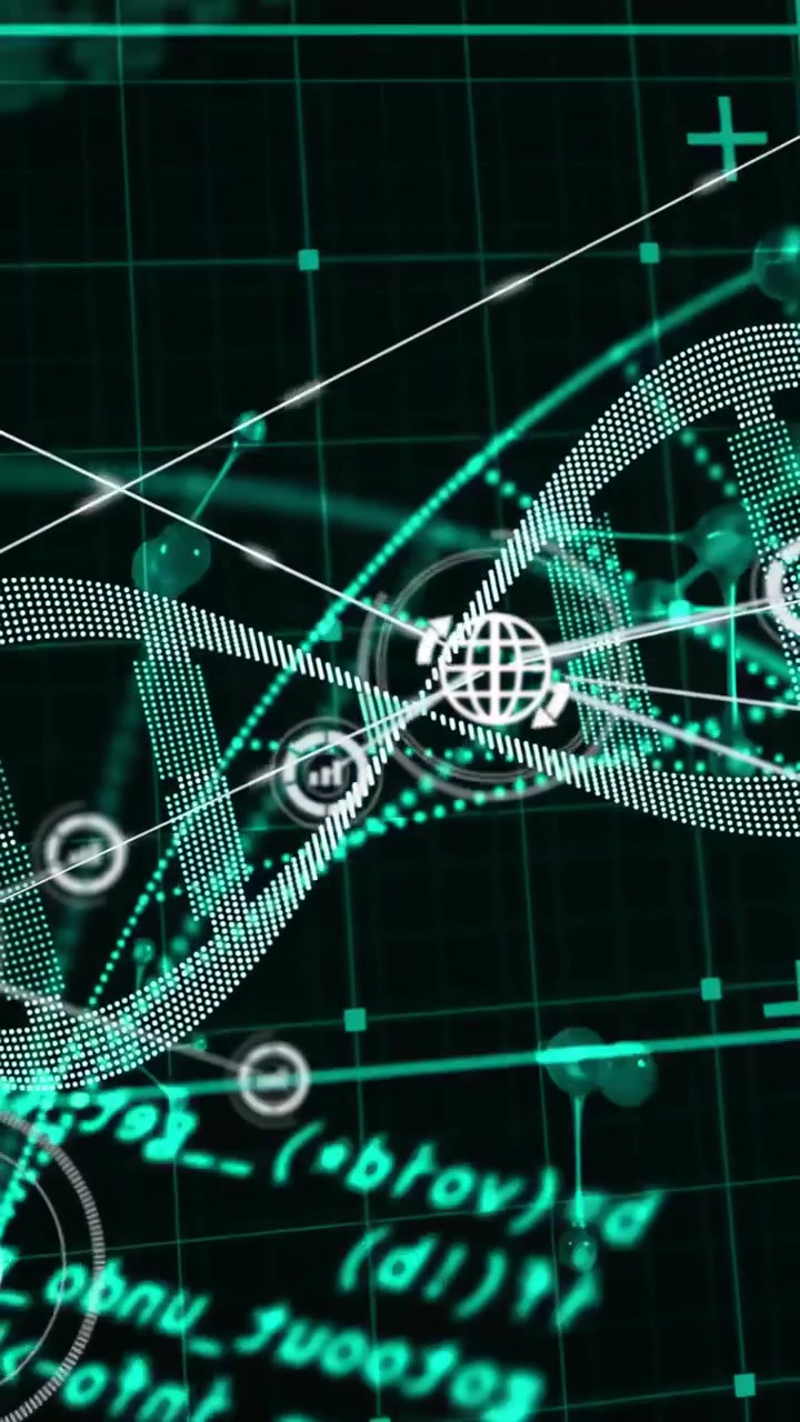 Vertical video: Dotted double-helix pulsing and shifting, drawing node links for bioinformatics UI