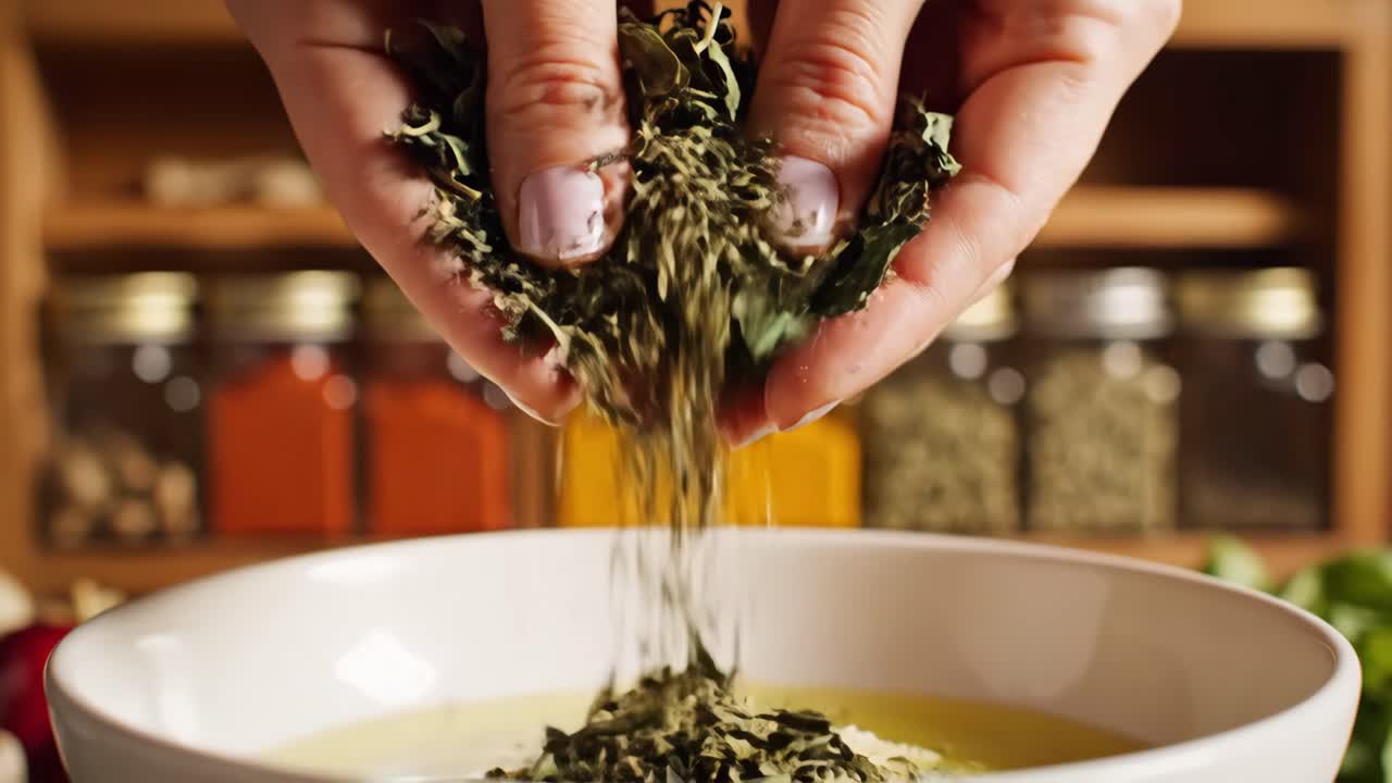 Adding Herbs and Spices to a Bowl