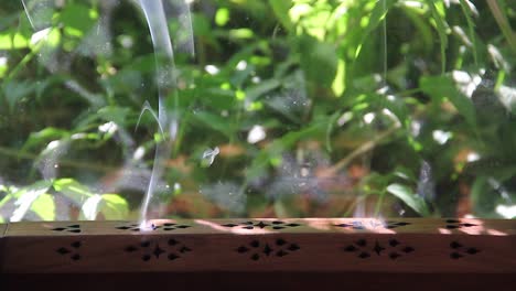 incense smoke curls out of a wooden incense burner with greenery 2