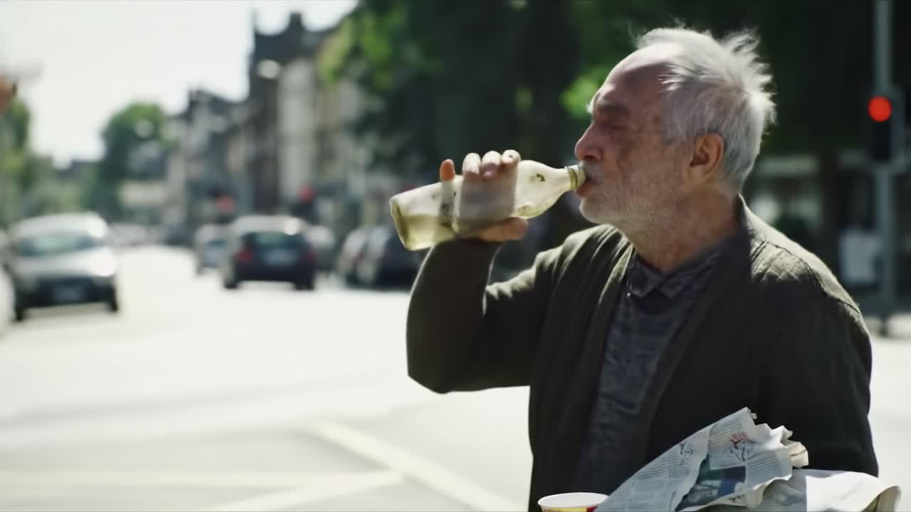 A homeless man sits on a busy street, holding a newspaper and a cup. A passerby extends a hand with some coins, demonstrating kindness in an urban environment during the afternoon.