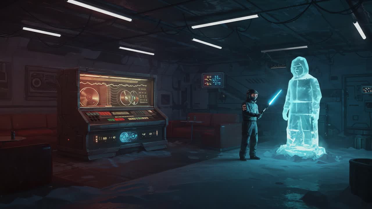 A solitary astronaut engages with a glowing ice sculpture in a futuristic control room, showcasing a blend of science fiction and artistic interpretation in a captivating scene