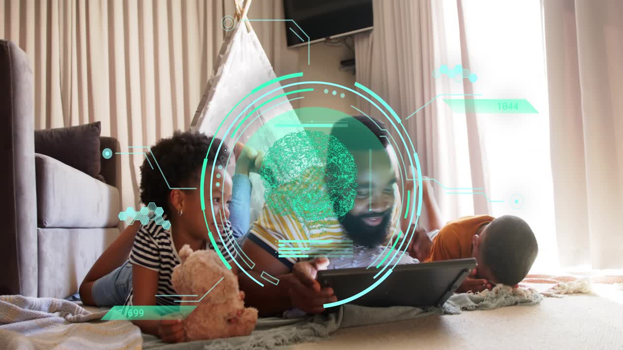 Father tapping tablet teaching kids on rug kids leaning laughing green HUD over tablet and head
