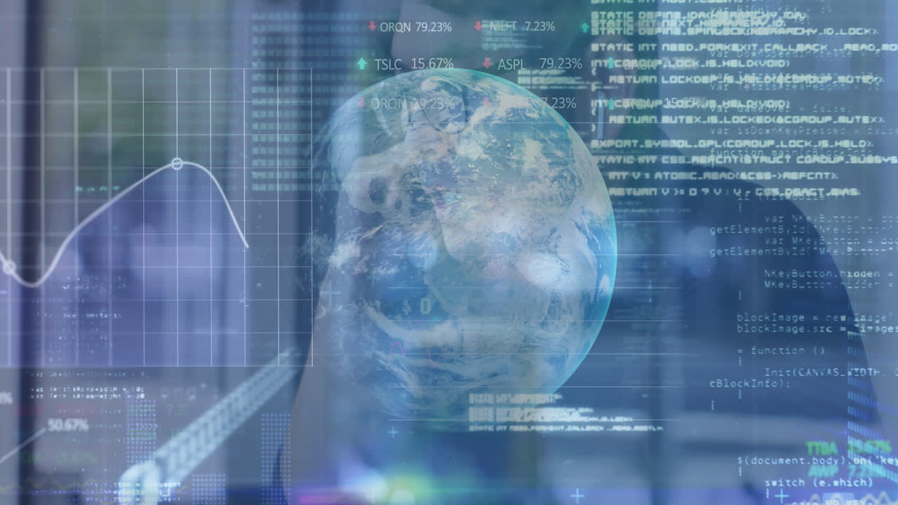 Animation of financial statistics over globe with binary coding and businessman talking