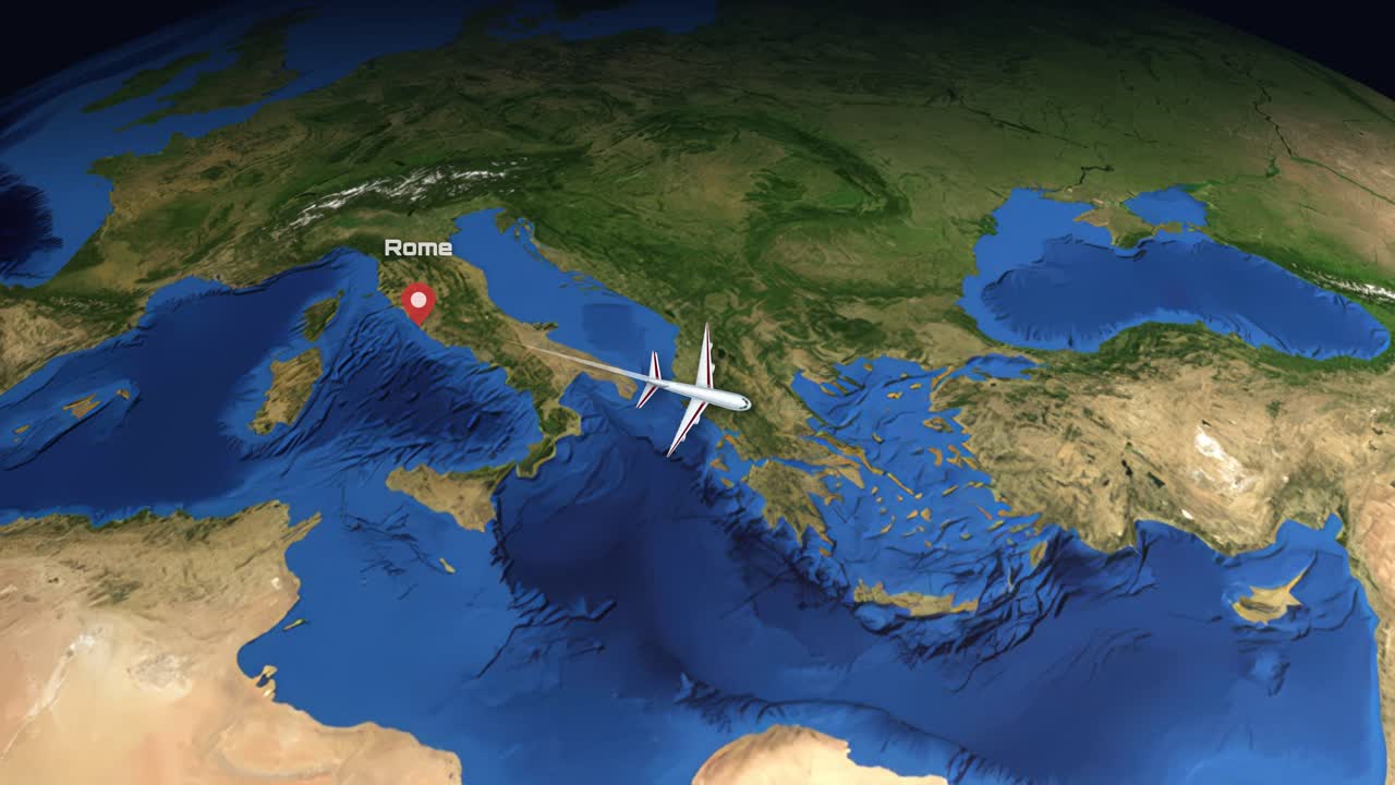 Etiketli işaretleyicilerle Roma'dan Doha'ya 3D bir dünya küresi üzerinde uçan ticari bir uçak.
