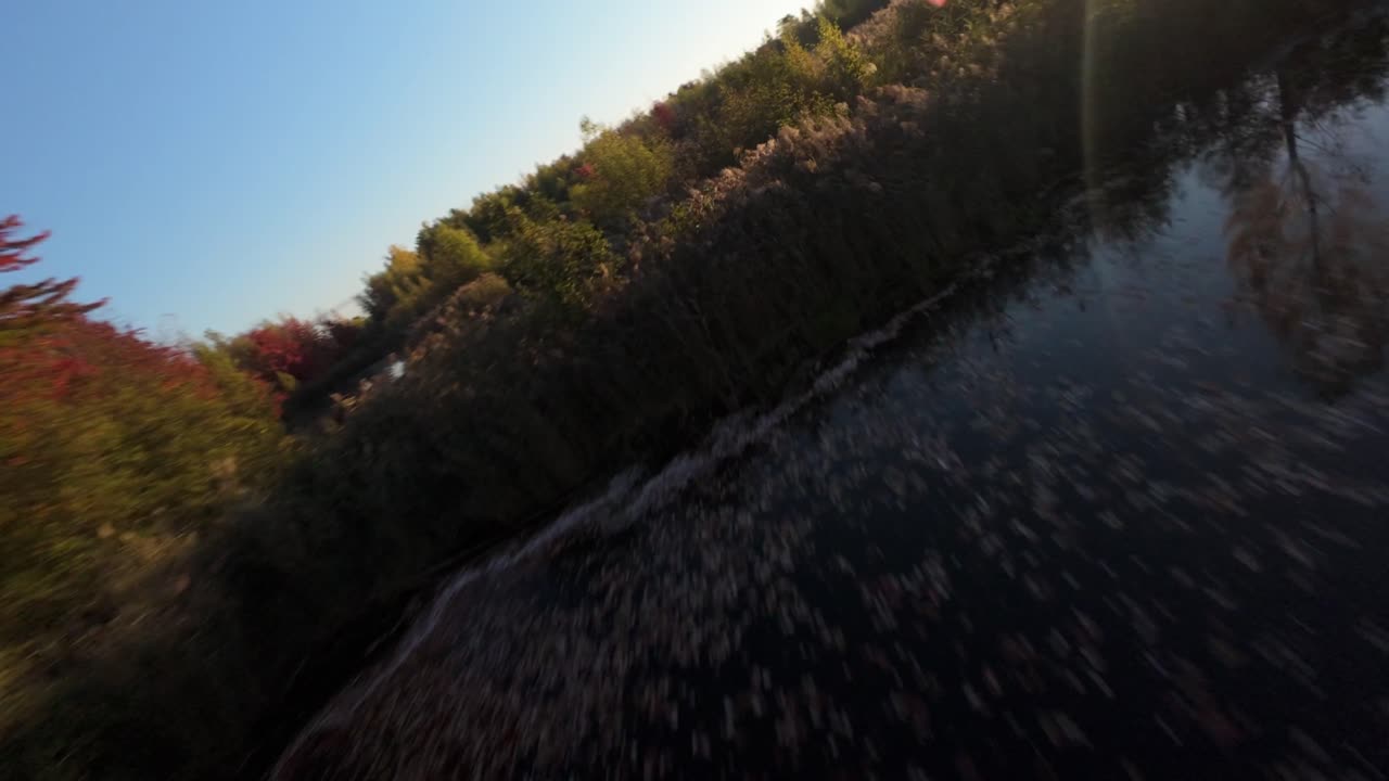 Spectacular FPV drone speed flight above fall lakeside and colourful forest in Sainte Julie, Québec, Canada, golden reflections, rich autumn tones and smooth motion