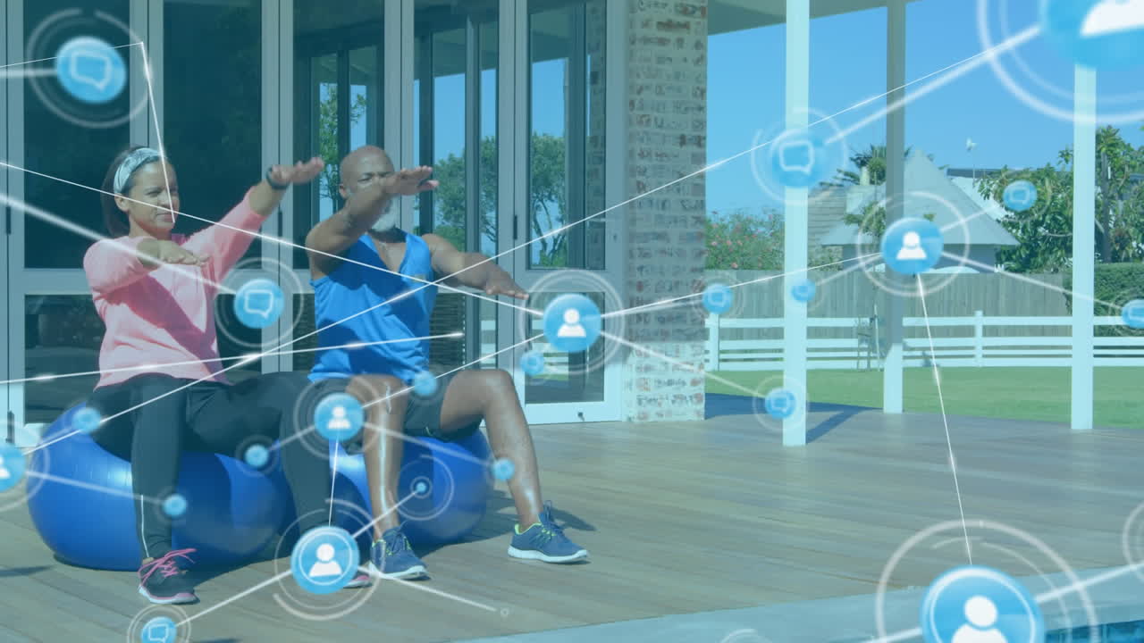 red de iconos de conexión contra el hombre y la mujer realizando ejercicio