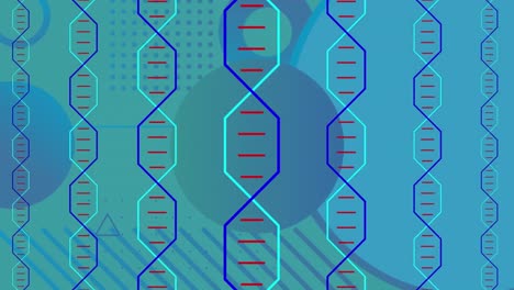 animación de la cadena de adn y procesamiento de datos sobre fondo azul