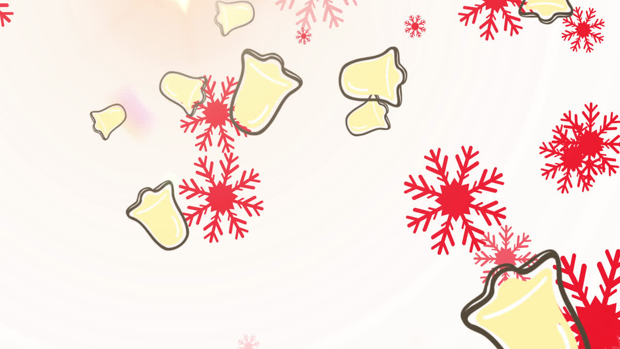 múltiples iconos de copos de nieve rojos y iconos de campanas de navidad contra un fondo rosado