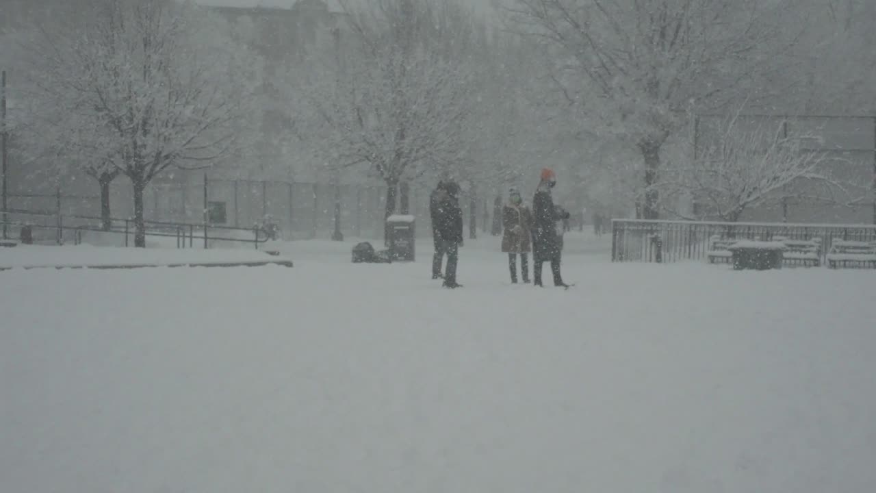 Snowing in the park Bushwick Brooklyn New York Winter 2021 Snow storm Filmed with Vintage 24mm Lens, Street traffic, and snow piles, snowing. Maria Hernandez Park