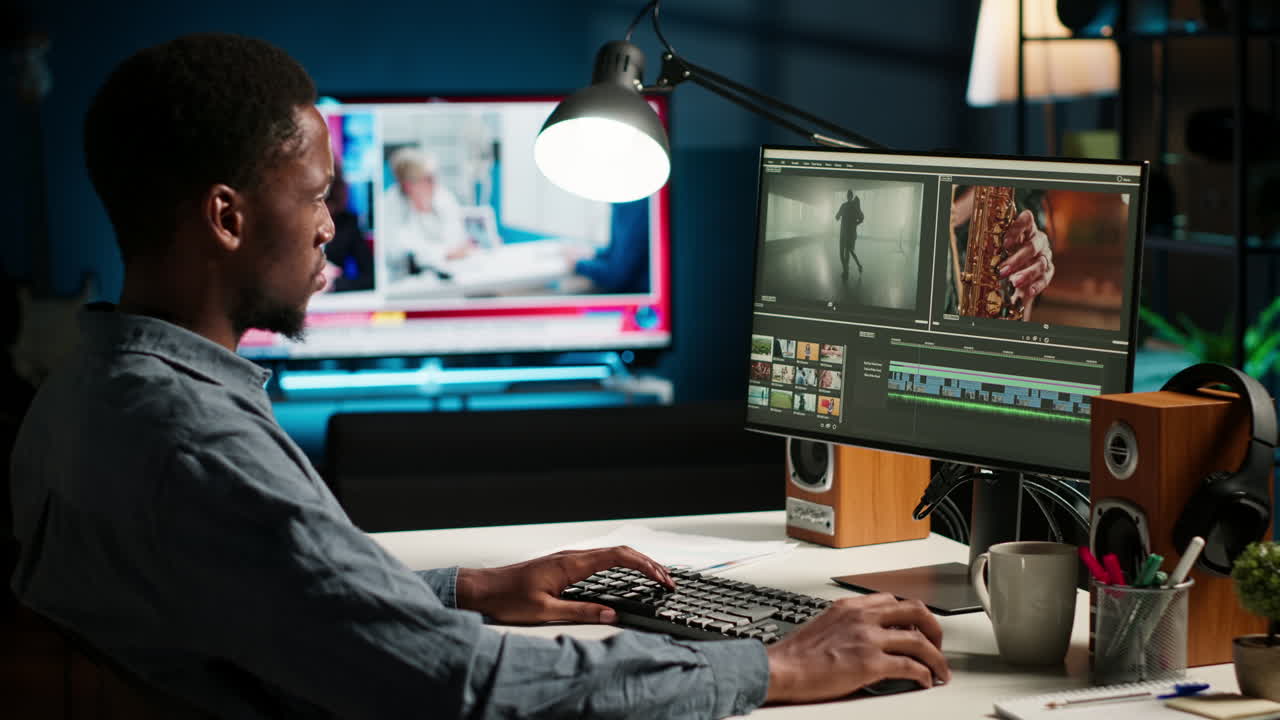 African american videographer works on editing film footage at home