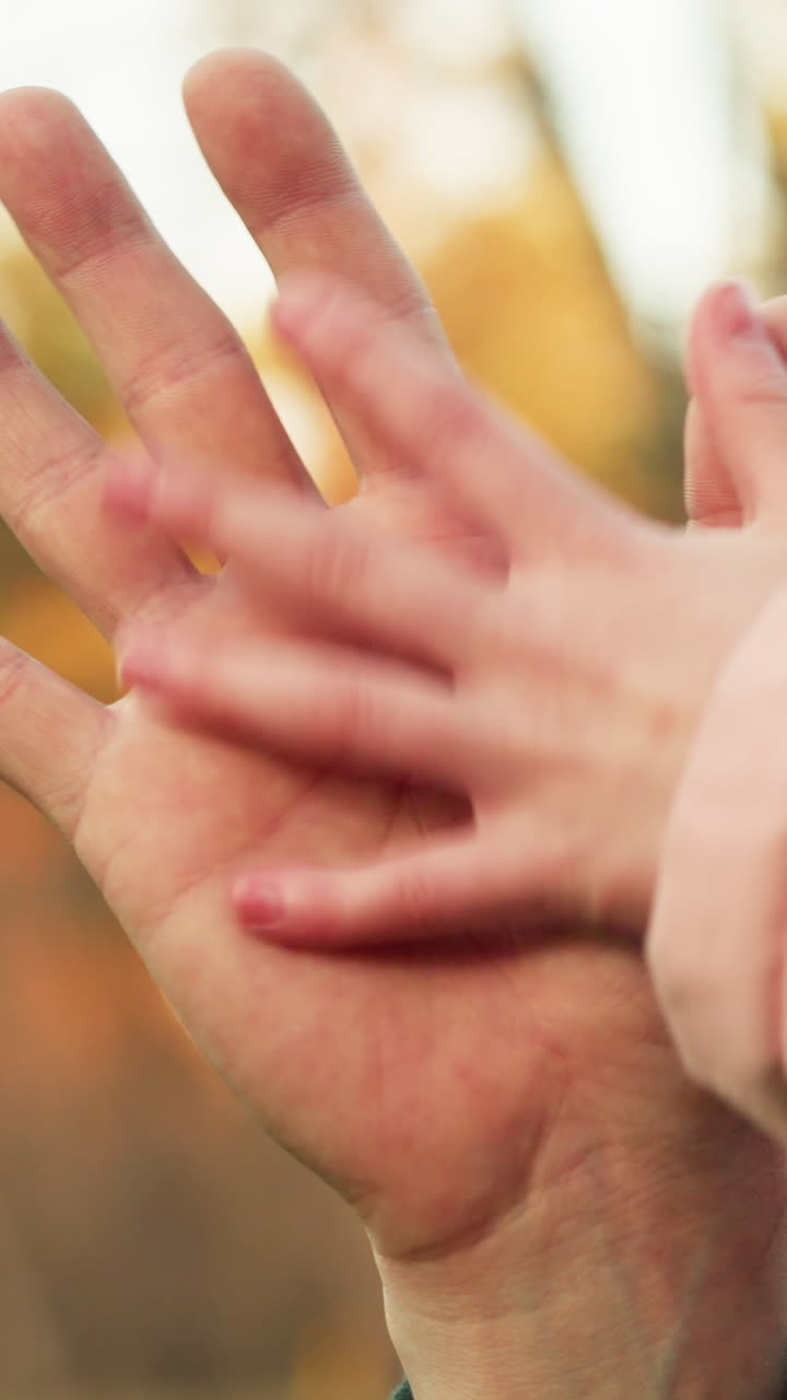 una toma de primer plano captura el momento tierno e íntimo de la mano de un niño que se extiende suavemente para tocar la de un adulto, en un fondo al aire libre borroso con cálidos colores de otoño