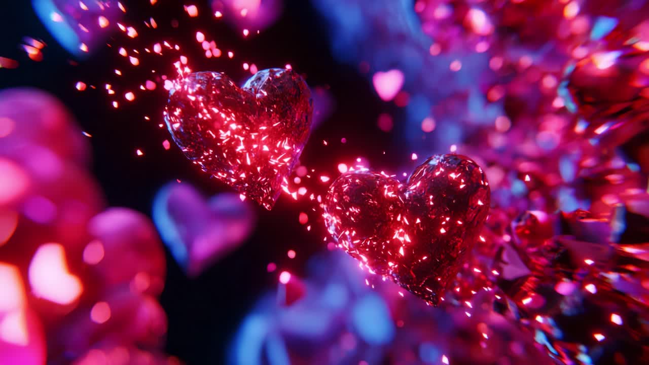 Two sparkling hearts are beautifully suspended in a vibrant, colorful backdrop, radiating love and emotion as they shimmer and glow with stunning details, surrounded by a flurry of smaller heart shapes