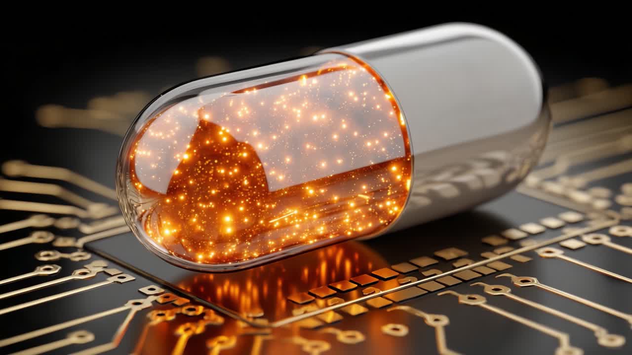 Futuristic Capsule Containing Glimmering Particles on a Circuit Board Background, Symbolizing the Intersection of Health and Technology in Modern Medicine