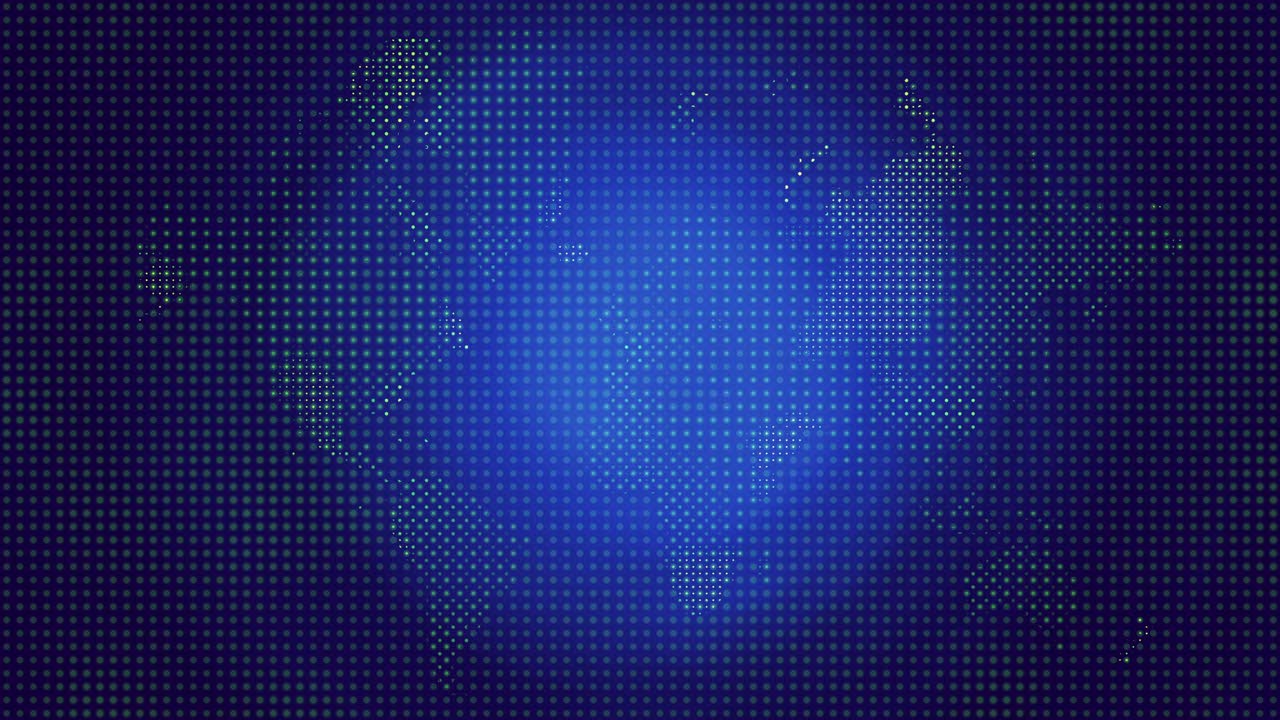 Loopable Animation of Abstract Particle World Map: A Dynamic Visualization of Global Network Connections and Data Flow on a Futuristic Blue Background